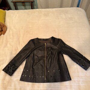 LAFAYETTE 148 NEW YORK BROWN LEATHER ZIP LASER CUT JACKET SIZE S